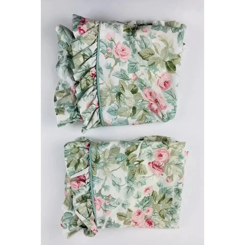 Vntge Laura Ashley KING Cottage Rose Set 2 Ruffled Pillow Shams Green Pink Cases